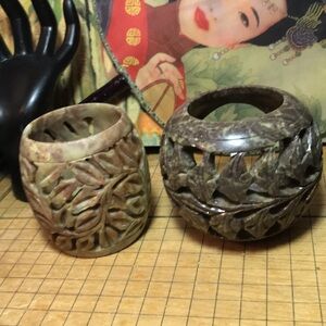 2 Carved Cut Out Soap Stone Tea Light Candle Holders Light and Dark Brown Tones